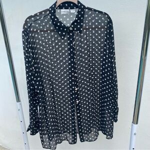 Y2K 100% Silk Black & White Polkadot Sheer Button Up Blouse Size Extra Large